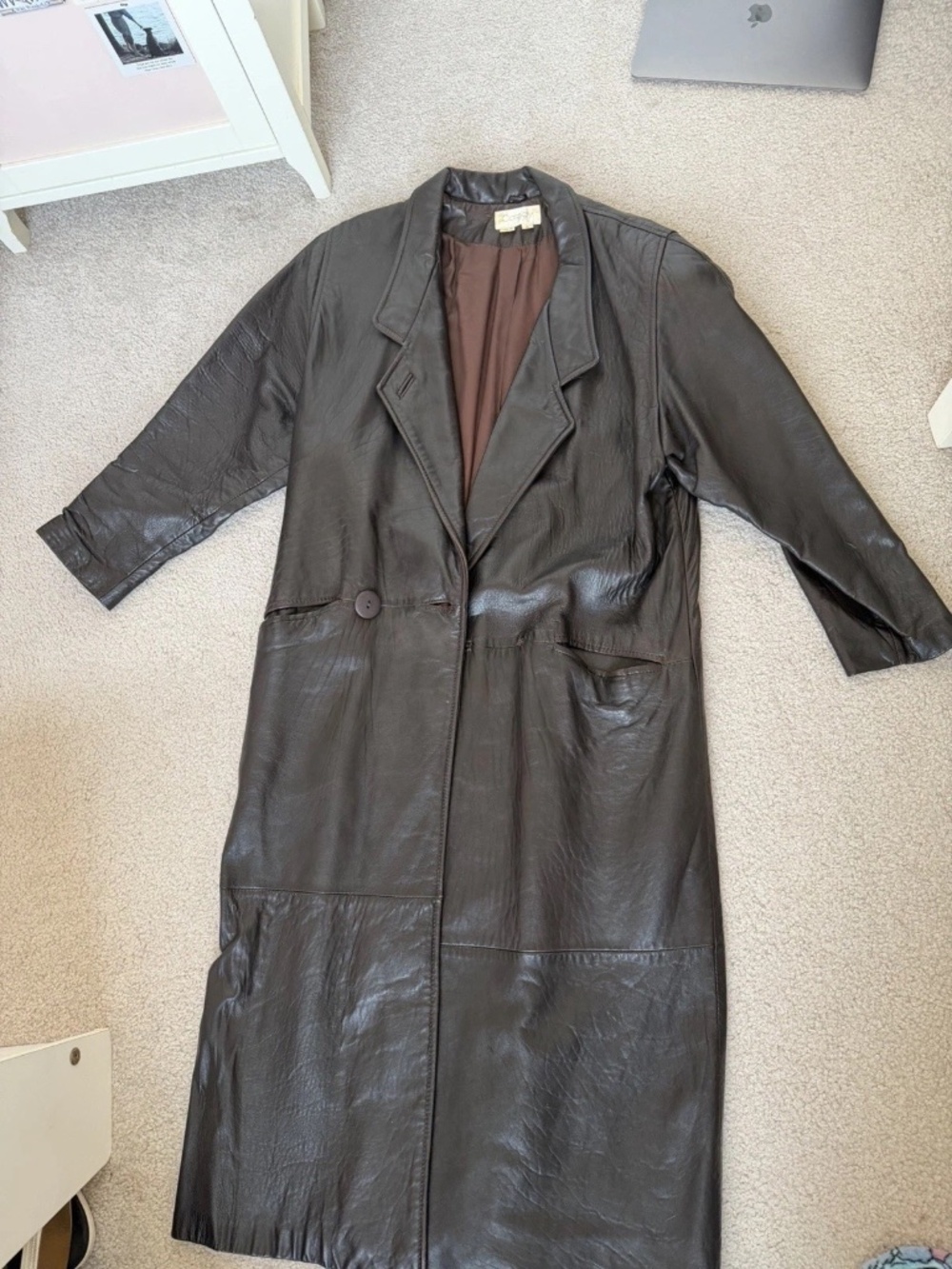 LONG Black Leather Trench Coat, Size Small, Cassidy, Vintage 80s, Drop Shoulder
